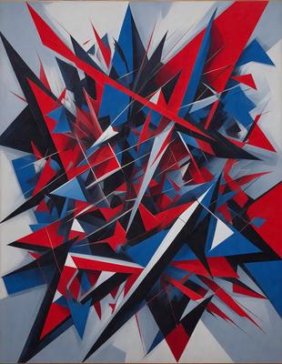The primary subject of the image is a colorful, abstract artwork featuring a mix of red, blue, and white colors. The setting is a wall, and the visual style appears to be a combination of digital art and illustration. The artwork is characterized by its intricate patterns and shapes, creating a vibrant and dynamic atmosphere.